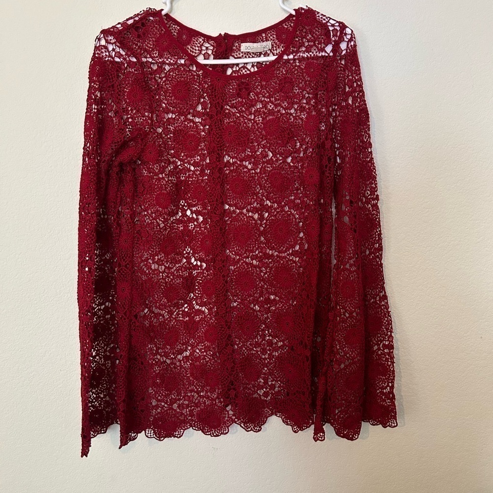 Double Zero Small Burgandy Lace bell sleeve button down back